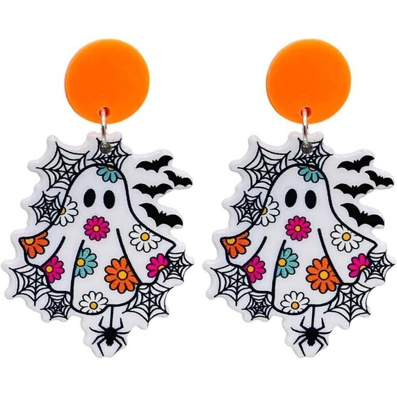 Women Black Cute Pumpkin Ghost Cat Bat Eye Spider Resin Acrylic Dangle Earrings - Picture 1 of 1